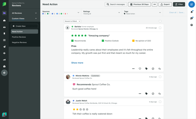 Een screenshot van de Reviews-feed in Sprout. Met beoordelingen in Sprout Social kunt u klantbeoordelingen van Facebook, Google Mijn Bedrijf, Glassdoor en TripAdvisor identificeren, organiseren en beantwoorden om de betrokkenheid te optimaliseren en merkloyaliteit op te bouwen.