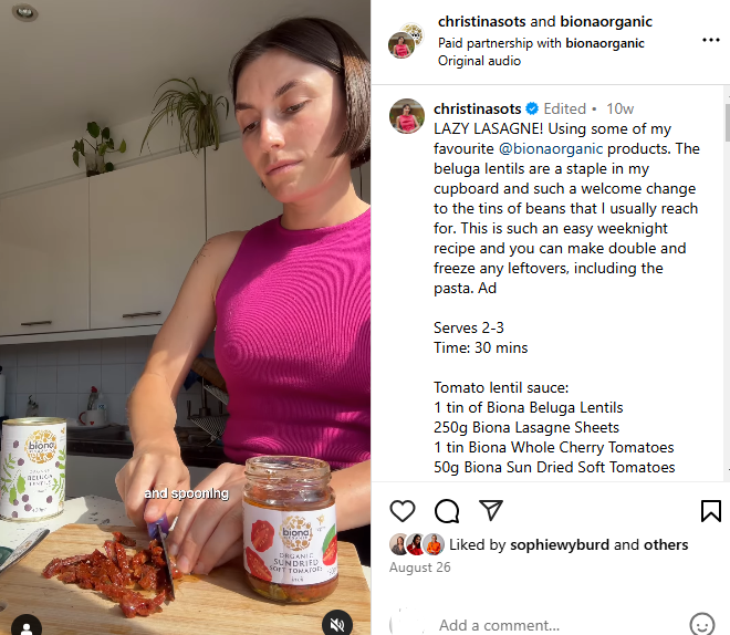   Příspěvek od tvůrce Instagramu @Christinasots, který obsahuje spolupráci na receptu se značkou veganských potravin Biona organic.