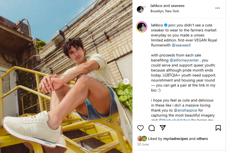   Příspěvek na Instagramu propagující spolupráci influencera @Lahbco a SeaVees v oblasti obuvi.