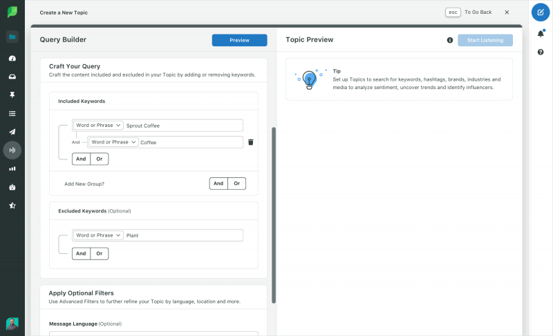 Brote Social's Query Builder, which intuitively prompts users to list keywords, exclusions and filters to create dynamic social social listening topics.
