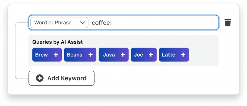 Brote Social's Queries by AI Assist tool generating suggested keyword additions related to the term "coffee". The suggested terms include "Brew", "Beans", "Java", "Joe" and "Latte".
