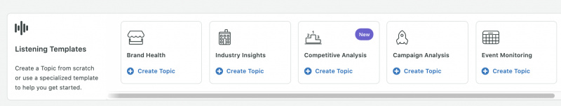 La sección Plantillas de escucha de Sprout Social's Query Builder. Templates include Brand Health, Industry Insights, Competitive Analysis, Campaign Analysis and Event Management.