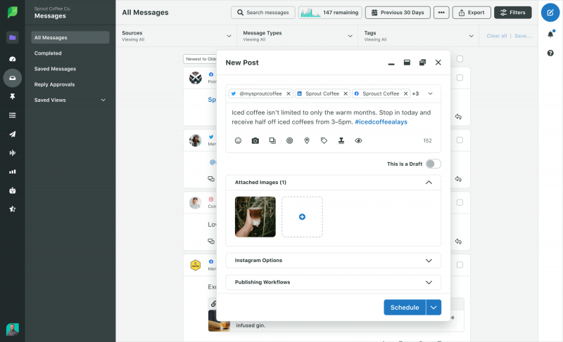   Smart Inbox společnosti Sprout shromažďuje všechny vaše zprávy na jednom místě, aby zachytil sentiment publika a efektivně spolupracoval.