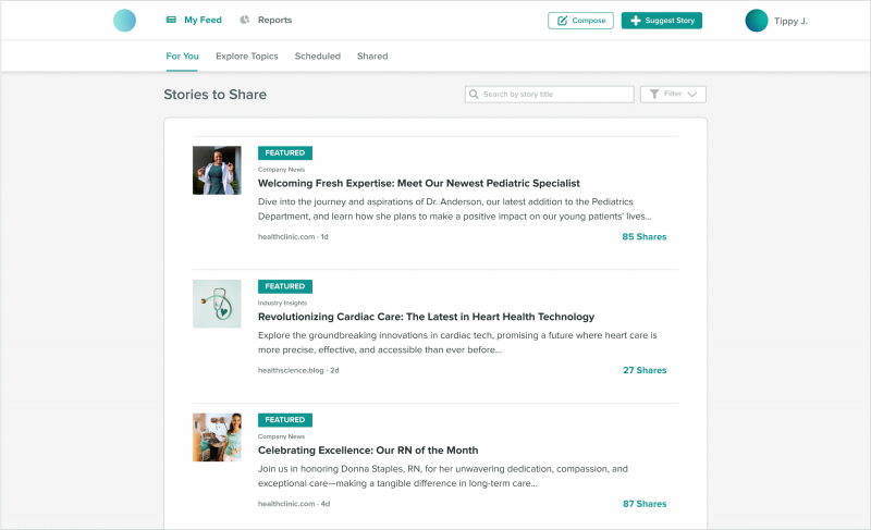 La interfaz de usuario de Employee Advocacy de Sprout Social donde puede ver el feed Para usted, el flujo único de historias que los empleados pueden compartir.