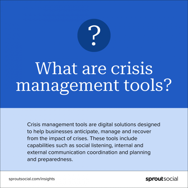 Ficha que define qué son las herramientas de gestión de crisis:"Crisis management tools are digital solutions designed to help businesses anticipate, manage and recover from the impact of crises. These tools include capabilities such as social listening, internal and external communication coordination and planning and preparedness."