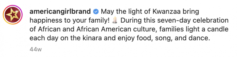   Una captura de pantalla de American Girl's Kwanzaa celebration post