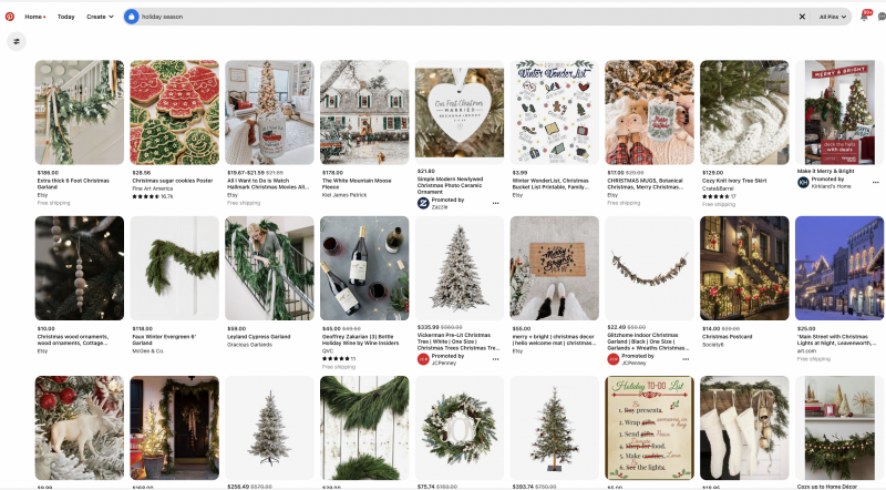   Una captura de pantalla de una búsqueda de Pinterest para la temporada navideña.