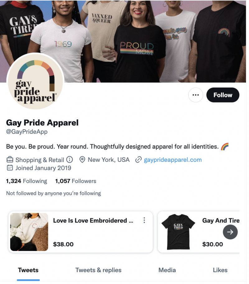   Una captura de pantalla de Gay Pride Apparel's Twitter page, where they feature their top products using the Shop Feature tool