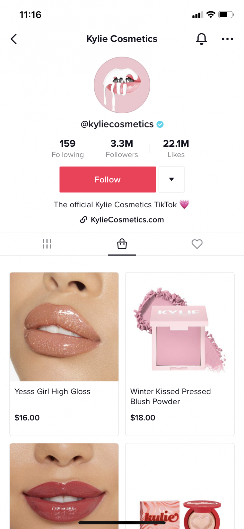   Una captura de pantalla de Kylie Cosmetics's TikTok Shop