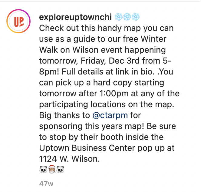   Una captura de pantalla de Uptown Chi's Instagram caption about their Winter Walk on Wilson