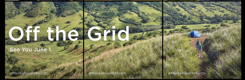   Une capture d'écran de trois images publiées sur L.L.Bean's Instagram account. The three posts form a cohesive image that reads: Off the Grid. See you June 1. #MentalHealthMonth. The background of the image is a nature scene. 