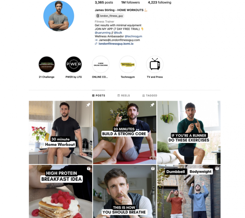  James Stirling は自宅トレーニング コンテンツを投稿し、フィットネス アプリ PWER を通じてより集中的なトレーニングも提供しています。