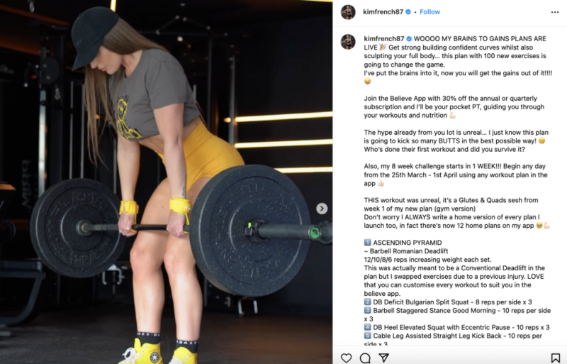   Kim French は、こ​​のような体の特定の部位向けに設計されたワークアウト用のマルチ リールを投稿しています。