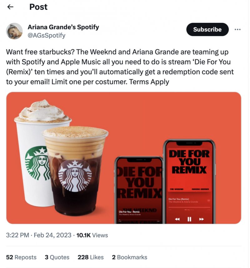   एरियाना ग्रांडे के एक ट्वीट का स्क्रीनशॉट's Spotify account promoting an offer available in the Starbucks loyalty program.