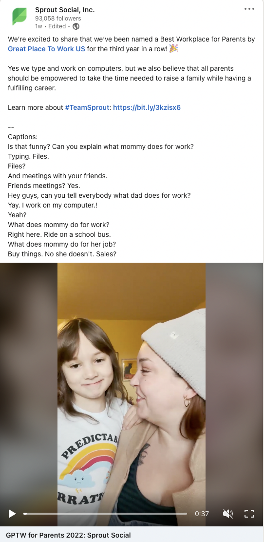   Sprout Social LinkedIn の動画で、Team Sprout の親が何をしているかを推測する子供たちについて説明しています。この投稿は、Sprout が保護者にとって素晴らしい職場として選ばれたことを祝います。