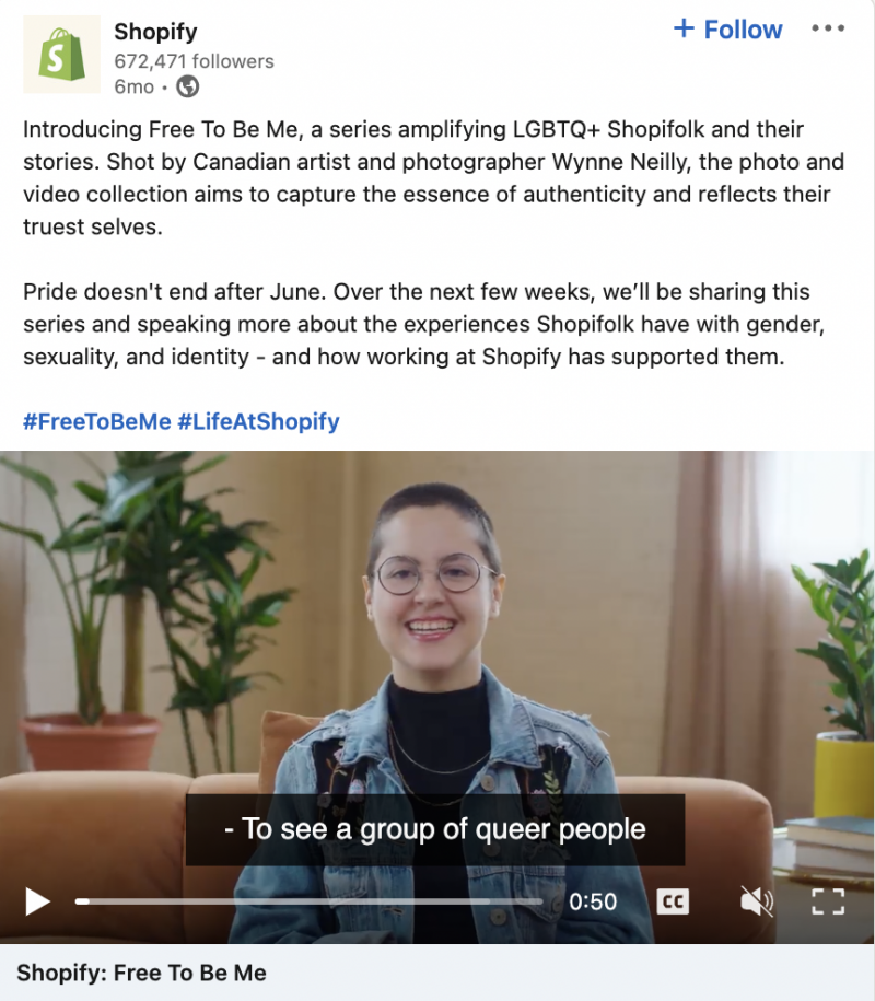   Shopify に関する LinkedIn の投稿's Free To Be Me campaign that elevates LGBTQA+ employees