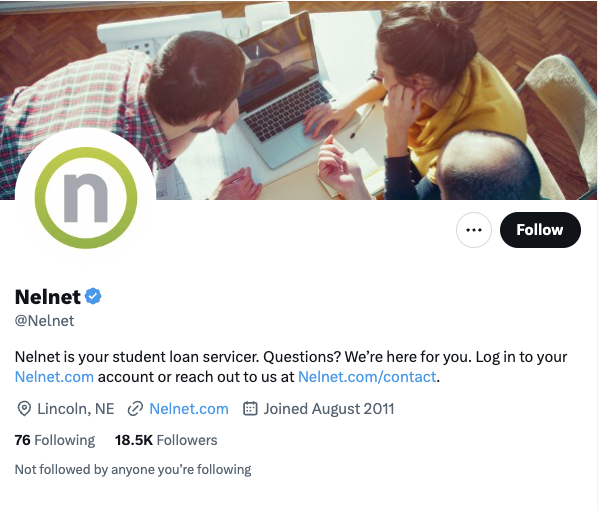   Une capture d'écran du profil Nelnet X (anciennement Twitter). Sur la capture d'écran, vous pouvez voir la marque's logo and bio. 