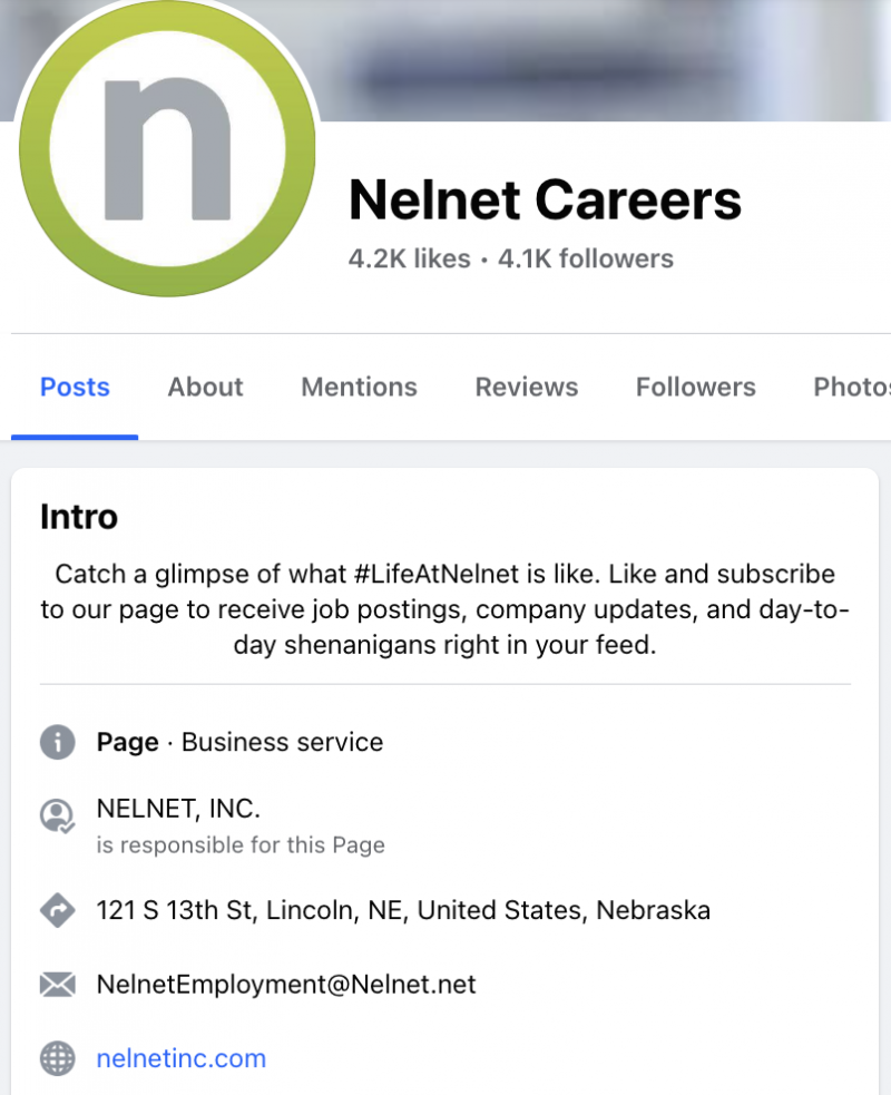   Une capture d'écran de la page Facebook Nelnet Careers. Sur la capture d'écran, vous pouvez voir la marque's intro, address and the employment email address.