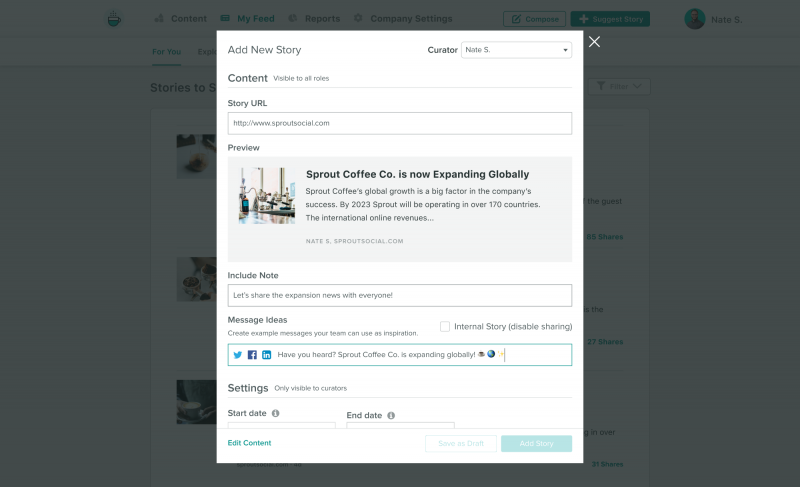 अंकुरण का एक दृश्य's Employee Advocacy platform where you can create and curate stories for employees to share