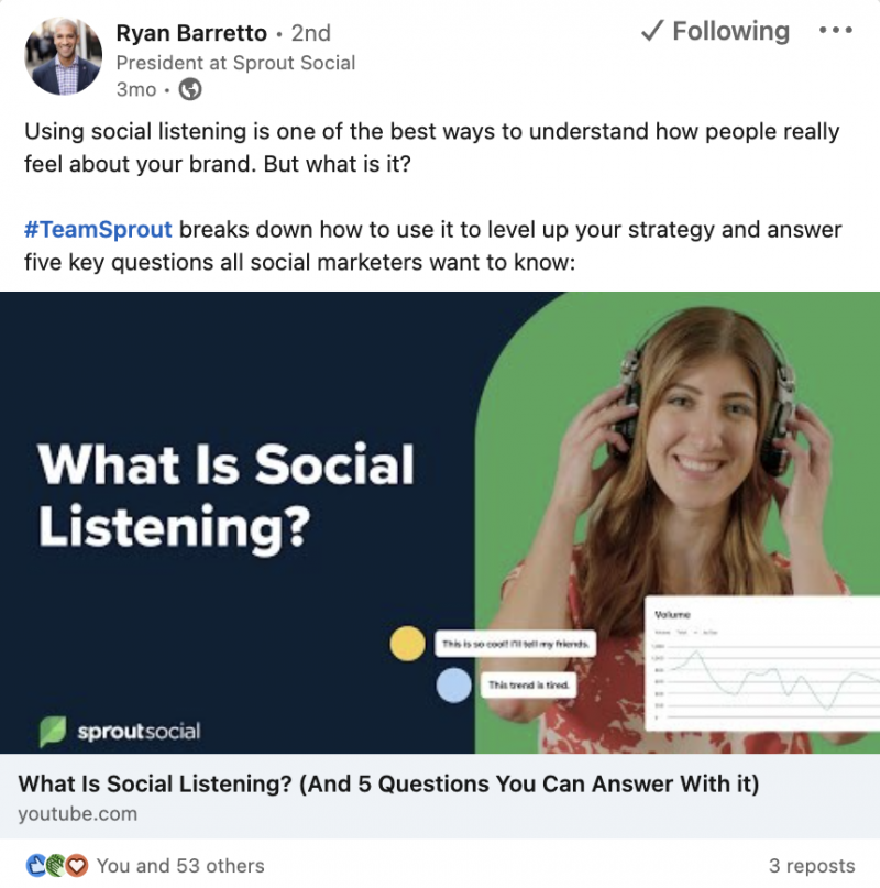   स्प्राउट से एक लिंक्डइन पोस्ट's President sharing new Sprout video content about social listening.
