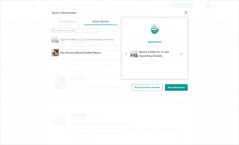 अंकुरण का एक दृश्य's Employee Advocacy platform showcasing how users can create internal newsletters to share curated content with employees.