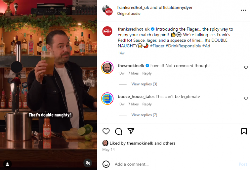   英国の有名人インフルエンサーであるダニー・ダイアーがインフルエンサー・キャンペーンでフランクのレッドホット・ソースと提携しているインスタグラムの投稿