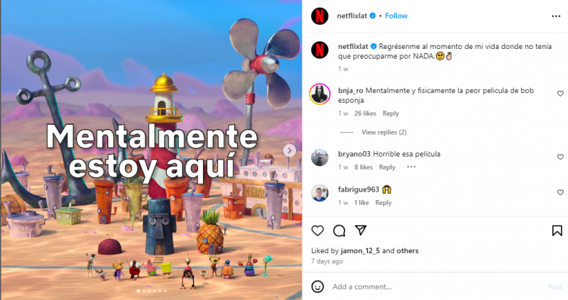   Netflix のラテンアメリカ地域アカウントは、Instagram でコンテンツを作成するために Mentally I'm here ミームを使用しています