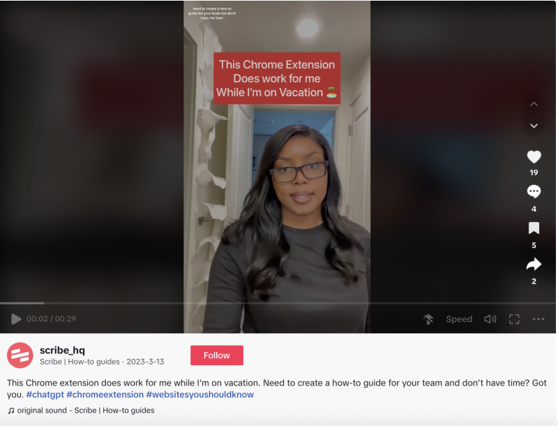   Une vidéo TikTok d'influenceur republiée par Scribe qui montre comment utiliser leur extension de navigateur