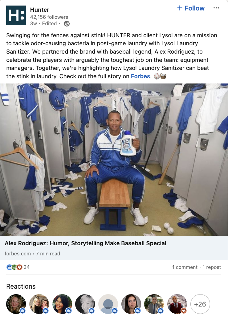   Une publication LinkedIn célébrant le succès de HUNTER's influencer campaign for Lysol