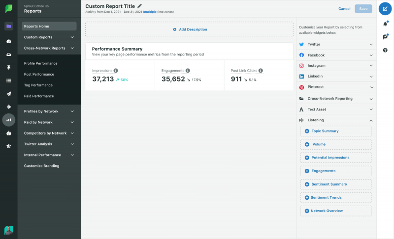 Una captura de pantalla del generador de informes personalizados en Sprout Social. El informe presenta una tabla de resumen de rendimiento que presenta métricas que incluyen impresiones, compromisos y clics en enlaces de publicaciones.