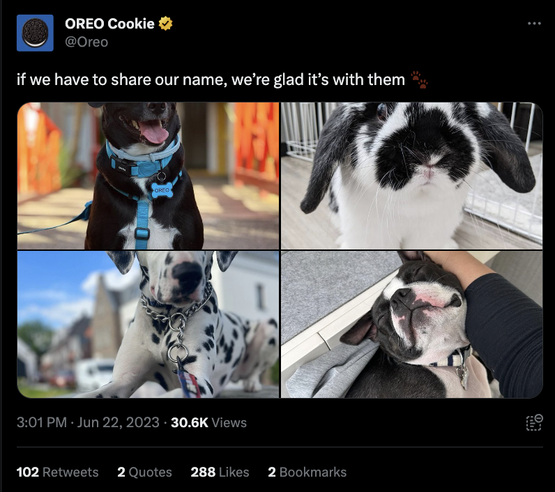   Une capture d'écran d'un message d'Oreo Cookie sur X. Le message se lit comme suit : Si nous devons partager notre nom, nous're glad it's with them. The post includes static images of dogs named Oreo, referencing how often people used the cookie namesake to name their pets.