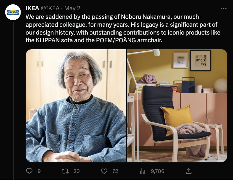   Une capture d'écran d'une publication IKEA sur X (la plate-forme anciennement connue sous le nom de Twitter). Le message rend hommage à un designer IKEA emblématique et comprend des images statiques de lui et de ses créations.