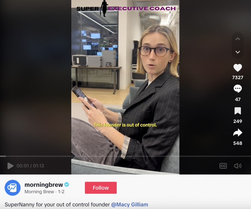   Un sketch TikTok de Morning Brew axé sur un coach exécutif de Super Nanny qui gère un fondateur incontrôlable, une parodie du programme télévisé Super Nanny