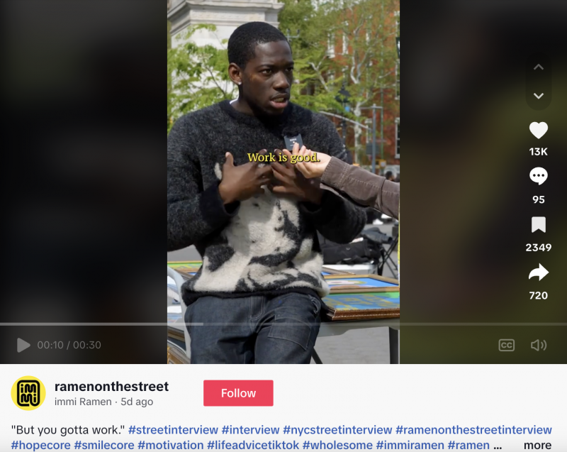   Une vidéo TikTok de Ramen on the Street sur le pouvoir du travail pour créer une vie épanouie.