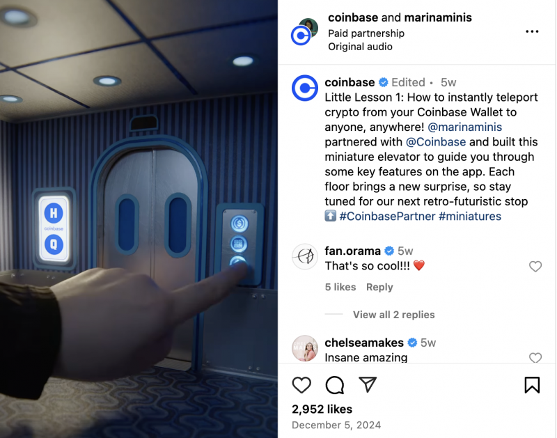   Une bobine Instagram Coinbase d'une personne explorant un ascenseur miniature et le monde dans lequel il existe