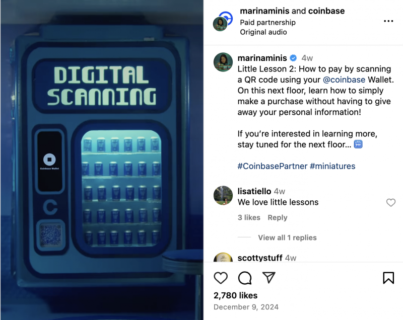   Une bobine Instagram Coinbase dans le monde des mini-leçons où le spectateur apprend comment utiliser la plateforme Coinbase pour payer en scannant les codes QR