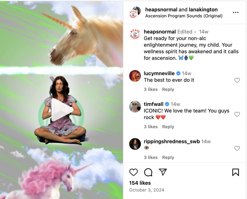   Une bobine Instagram de Heaps Normal où ils invitent les téléspectateurs à se lancer dans un voyage d'illumination sans alcool avec leur marque.