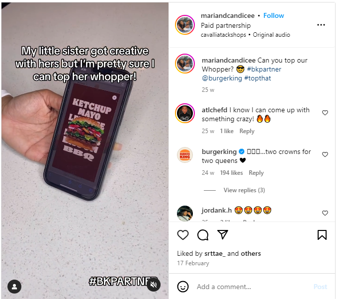   Instagram でのバーガーキングのミリオンダラーワッパーインフルエンサーキャンペーン。