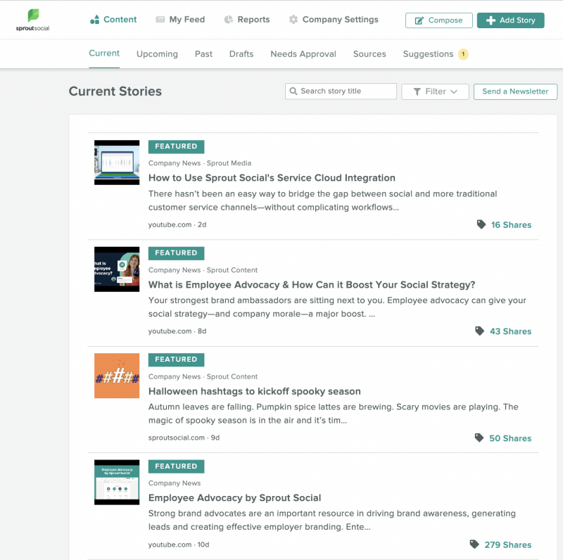   芽のスクリーンショット's Current Stories feed in our Advocacy platform. The feed include short descriptions of each article and the number of shares each content piece received.