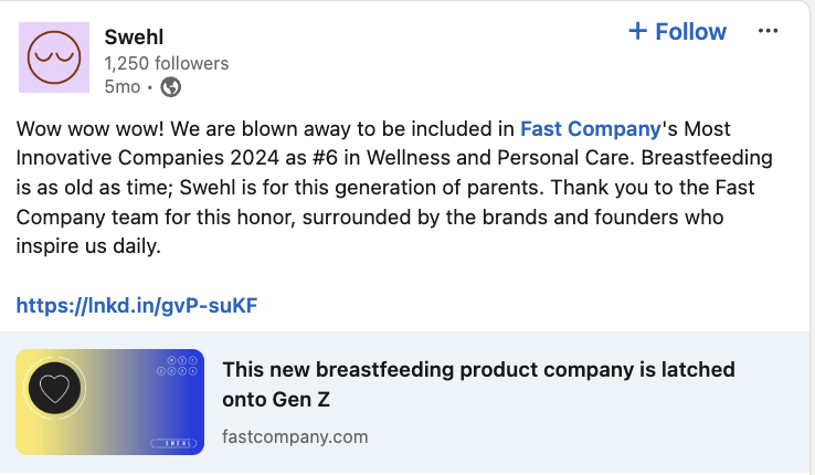   ブランドが Fast Company に命名されたことを祝う Swehl の LinkedIn 投稿's Most Innovative Companies list 