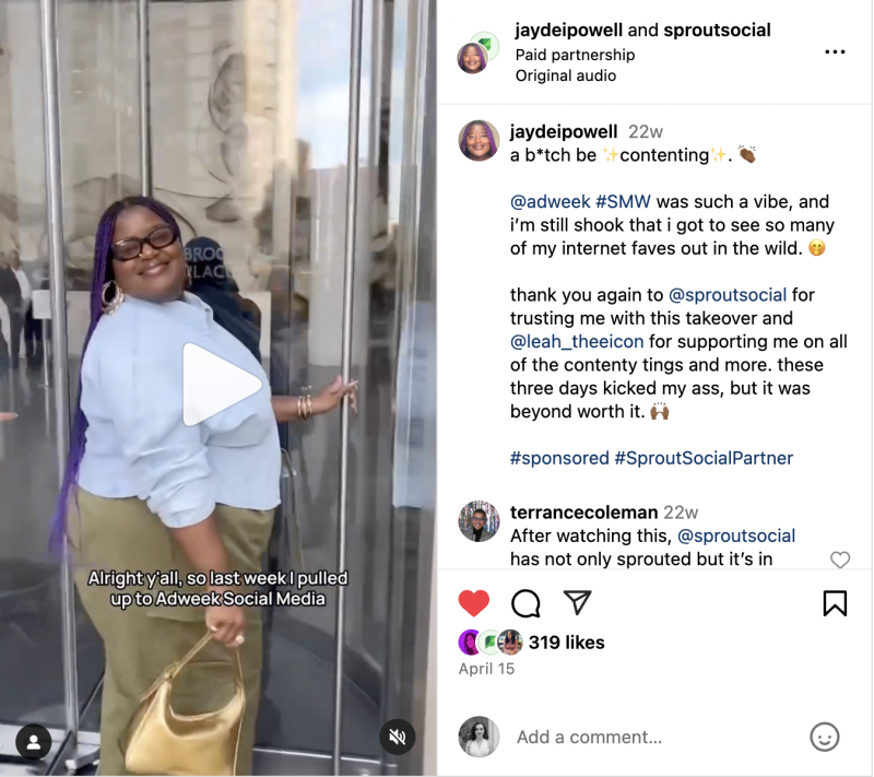   Sprout を代表して AdWeek に参加した経験をクリエイターの Jayde Powell が語る Instagram リール