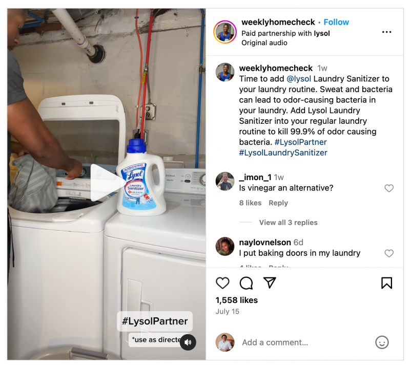  Un carrete de Instagram del influencer Kyshawn Lane (@weeklyhomecheck) para una campaña de influencer asociada con Lysol.
