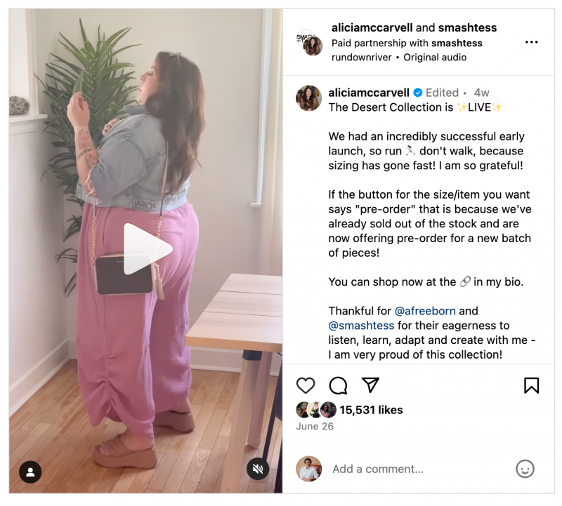   Un carrete de Instagram de la influencer Alicia Mccarvell (@aliciamccarvell) que promociona su asociación de marca con la empresa de ropa Smash and Tess.