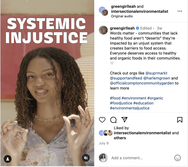   Une bobine Instagram où Green Girl Leah explique pourquoi l'apartheid alimentaire (par rapport au désert alimentaire) est un terme plus précis et plus percutant.