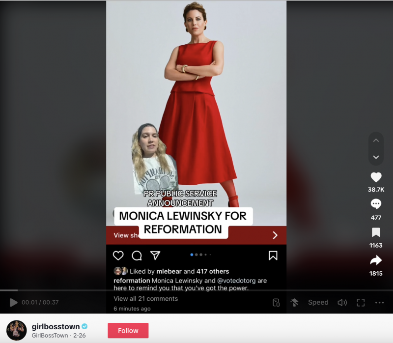   Un TikTok de la créatrice Girl Boss Town expliquant l'importance culturelle de la Réforme's Monica Lewinsky campaign