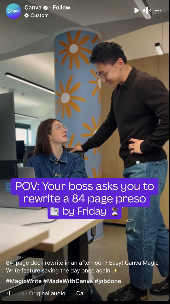   Canva's Facebook Reel of a marketer using Canva AI tools to revamp her boss's presentation on a tight deadline