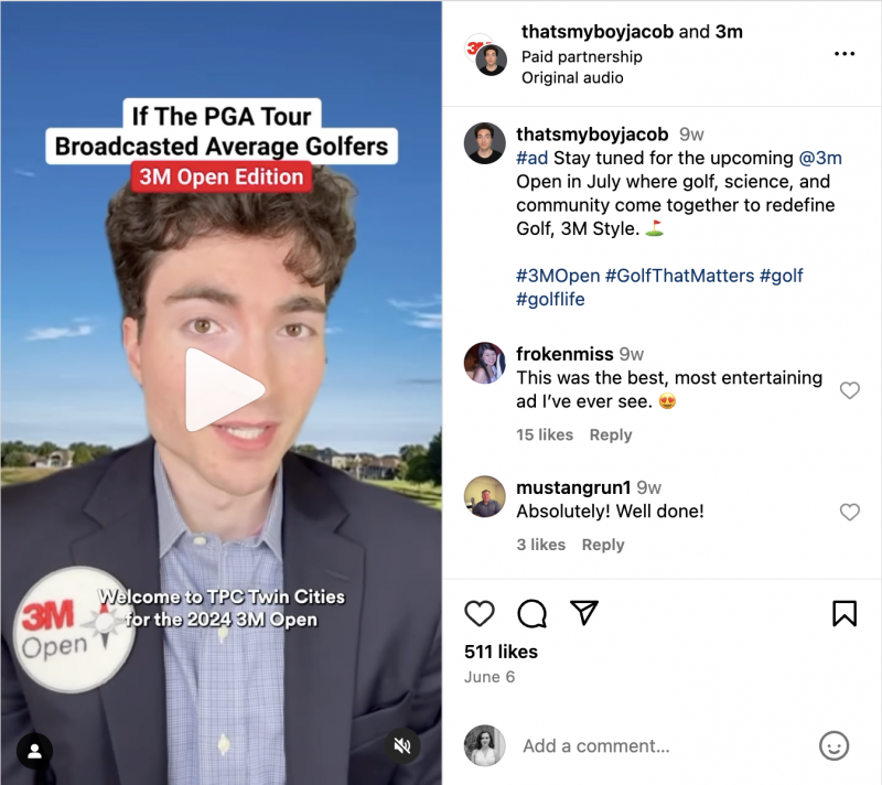   Un carrete de Instagram del creador Thats My Boy Jacob que presenta el 3M Open 2024 y lo más destacado de los golfistas que participan.