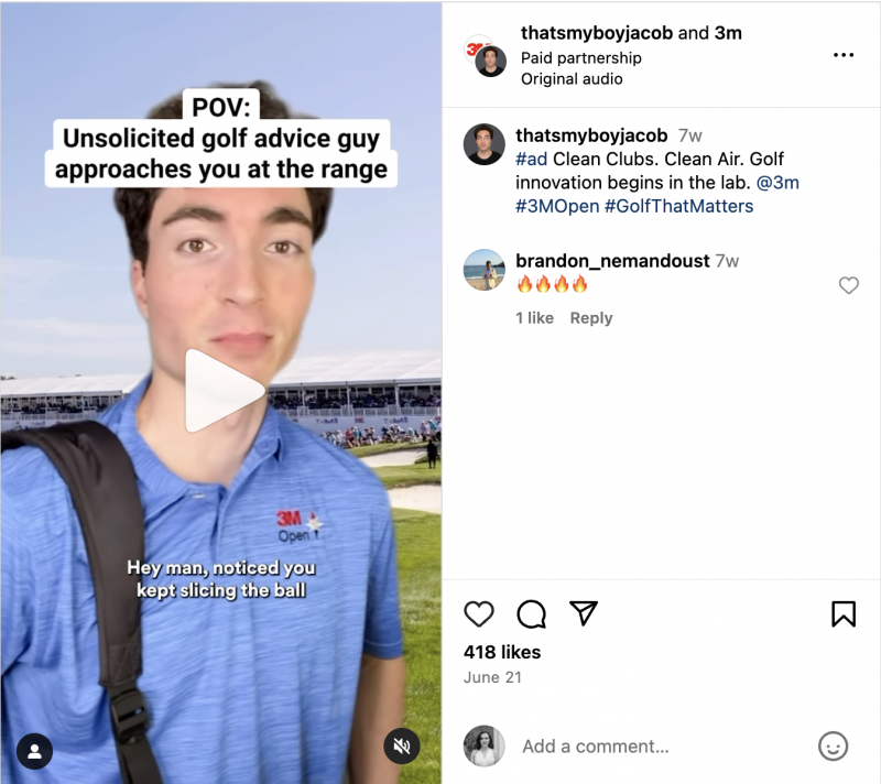   Un carrete de Instagram de Thats My Boy Jacob que entrelaza la tecnología y los productos de 3M en una parodia POV sobre golfistas que dan consejos no solicitados.