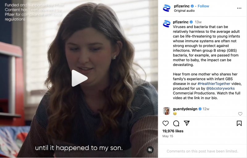   Un Instagram Reel de Pfizer donde una madre de un niño que tenía la enfermedad de GBS explica el impacto en su familia y un investigador destaca cómo las vacunas pueden prevenir la enfermedad en los recién nacidos.
