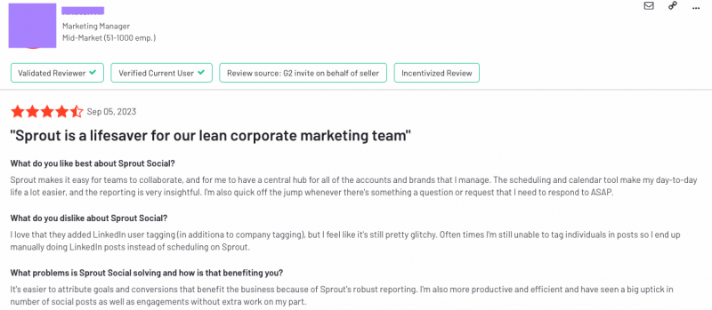  Revisión de G2 que destaca qué tan bien funciona Sprout Social para los equipos de marketing corporativo.